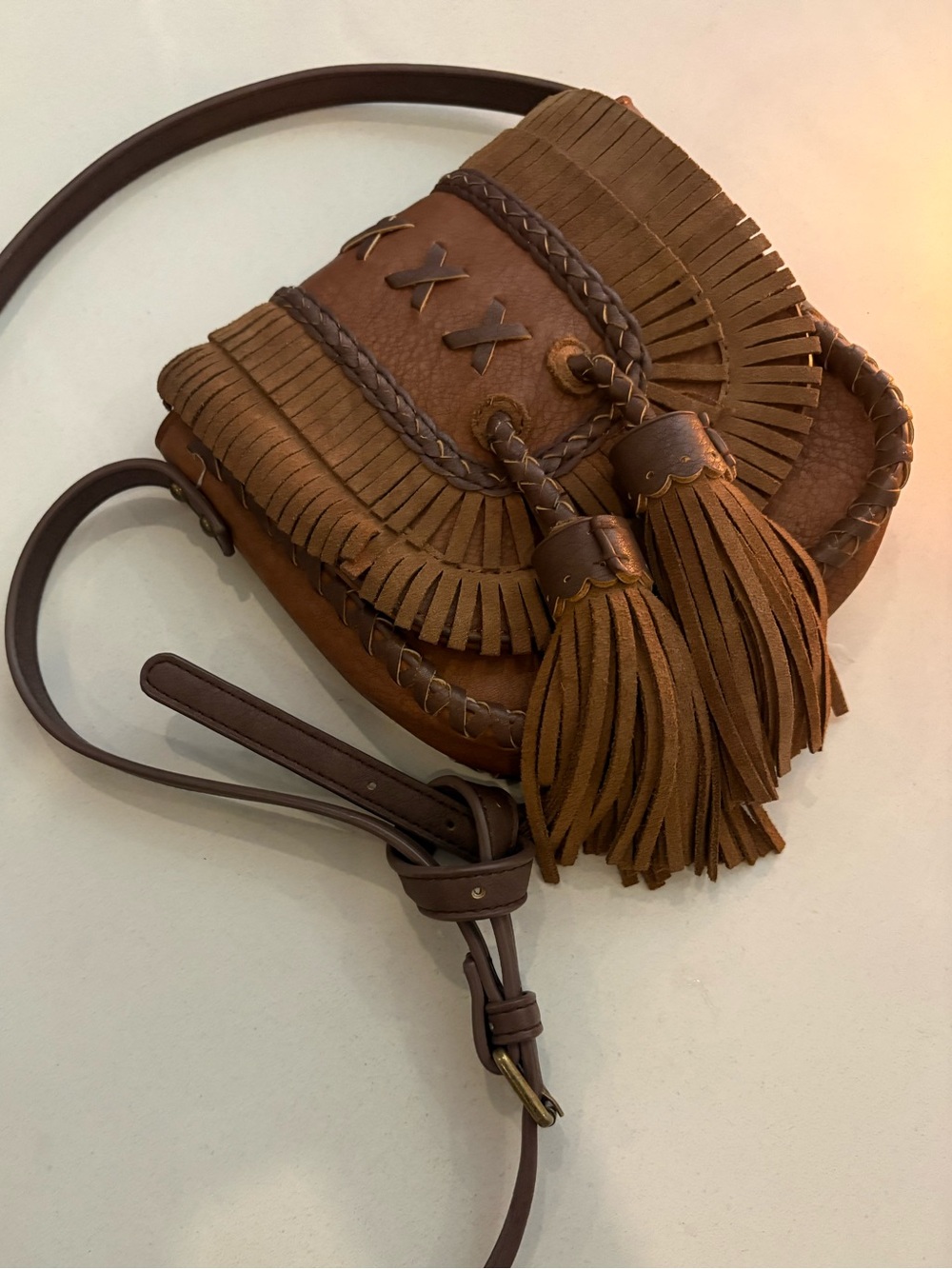 Steve Madden Vintage Brown Fringed Tassel Crossbody Bag